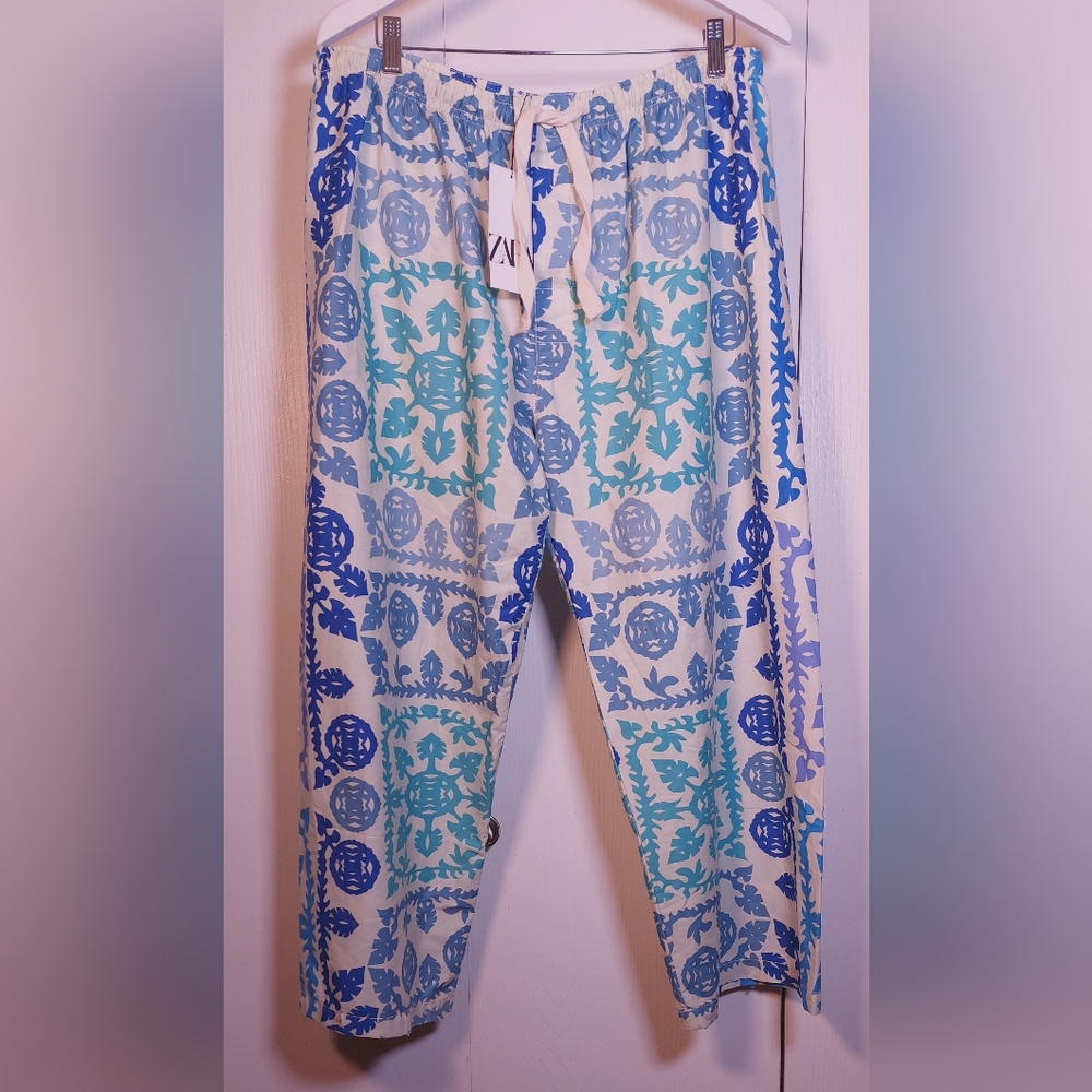 Zara NWT Printed Poplin Cotton Pants Size XXL Wide Leg Trousers Colorful Boho - Picture 11 of 11